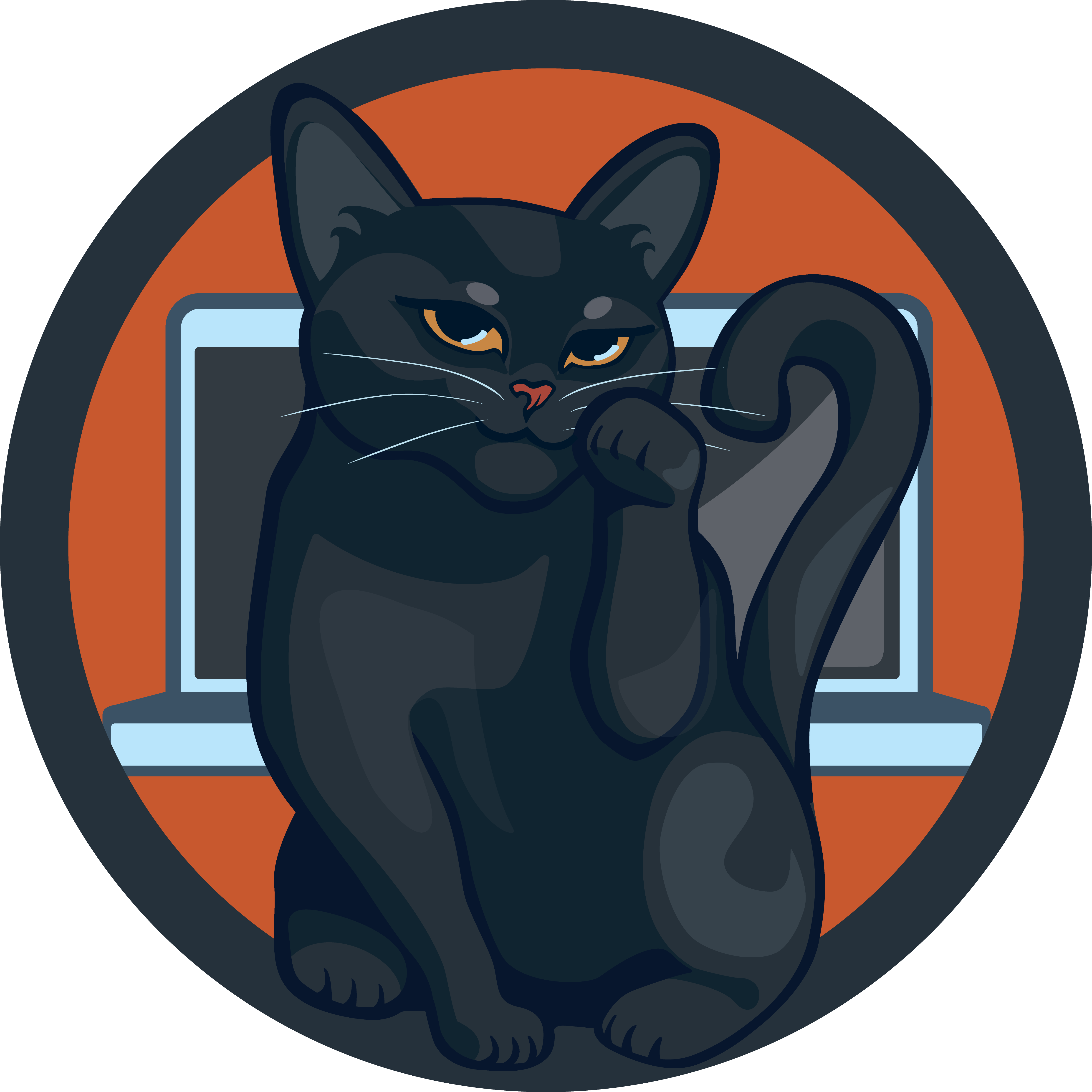 DWG logo featuring a black cat in a traditional lucky cat pose in front of a laptop.