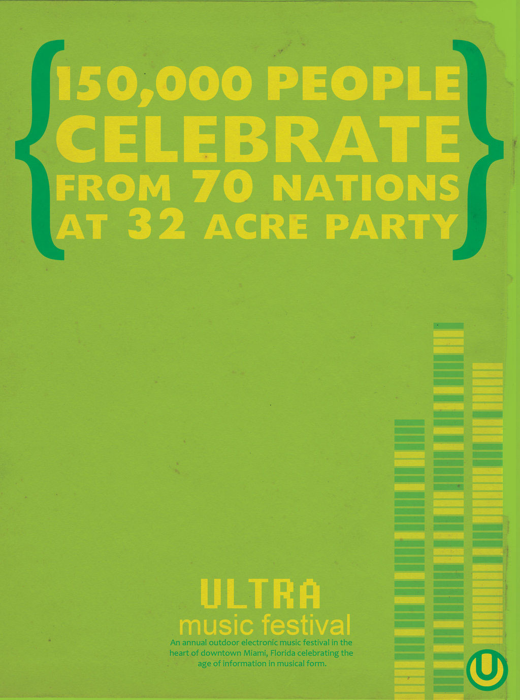 Magazine ad stating 150,000 people celebrate from 70 nations at 32 acre party.